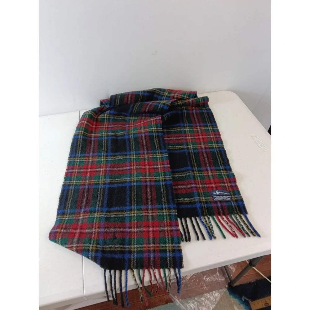 Vtg 90s Polo Ralph Lauren Lambswool Scarf Red Green Blue Plaid Scotland Fringe